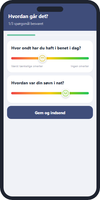 Screenshot from the patient's app: a daily check-in where the patient answers on pain and sleep with a smiley scale.