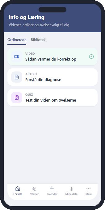 Screenshot from the patient's app: prescribed content with a video on warming up, an article on the diagnosis and a quiz on the exercises.