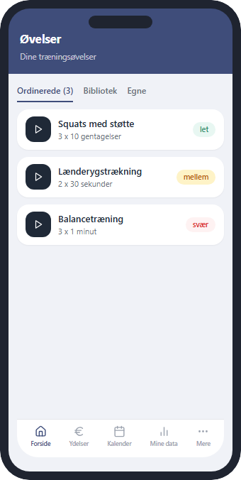 Screenshot from the patient's app: three prescribed exercises - supported squats, lower-back stretch and balance training - each with repetitions and difficulty.